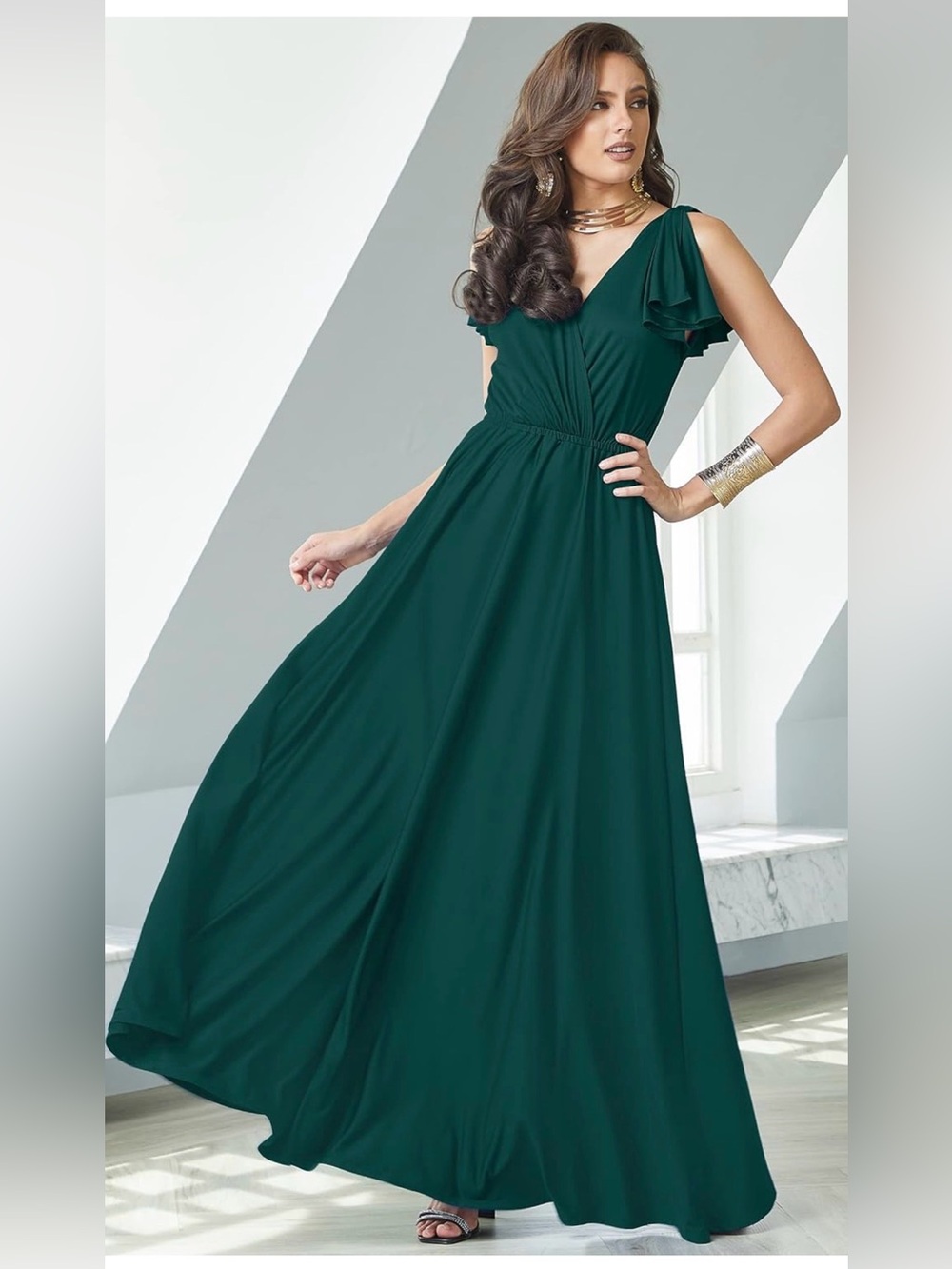KOH KOH Emerald Green V-Neck Maxi Dress